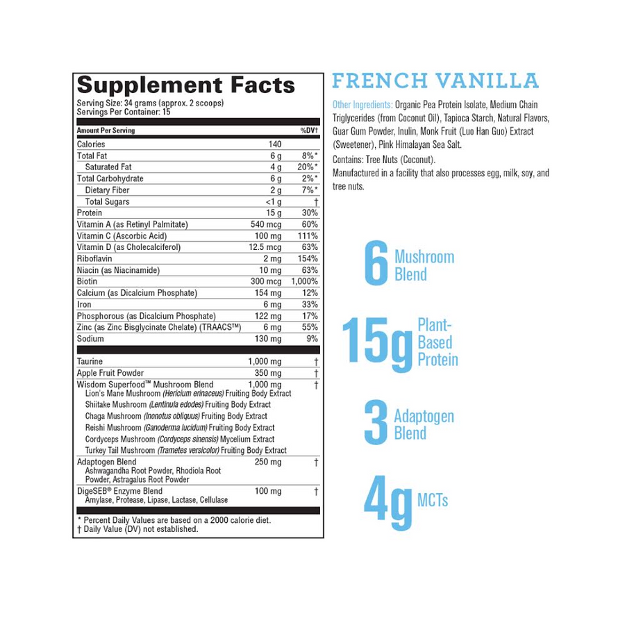 Delicious French Vanilla Mushroom Superfood Blend - 15g Protein Per Serving